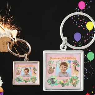 Djungelbarn Djur 3-års födelsedagsfoto Fyrkantig Silverfärgad Nyckelring