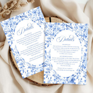 Djungelblå toile blommig bröllopshelg detaljer tilläggskort