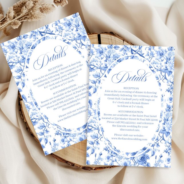 Djungelblå toile blommig bröllopshelg detaljer  tilläggskort (Deep blue toile floral wedding weekend details card

)