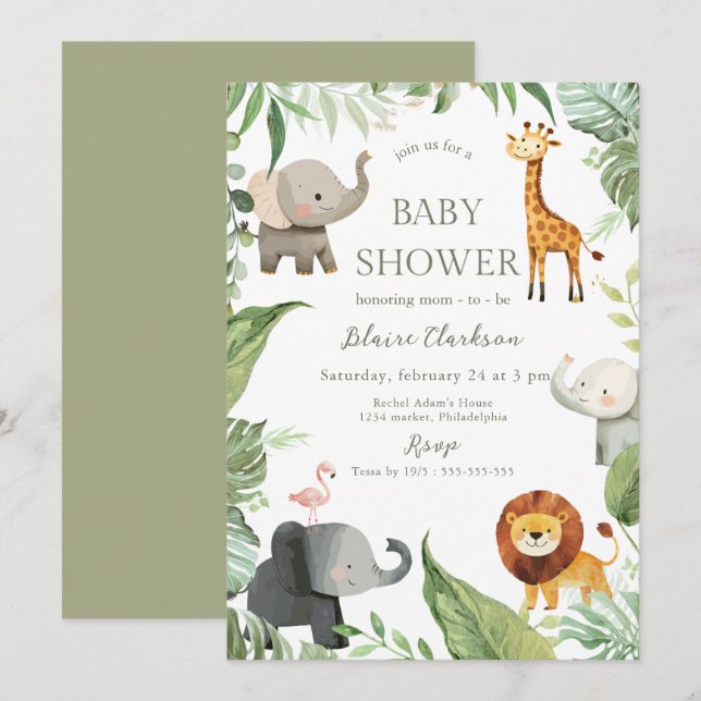 Djungeldjur Baby Shower Inbjudan (Fram/baksida)