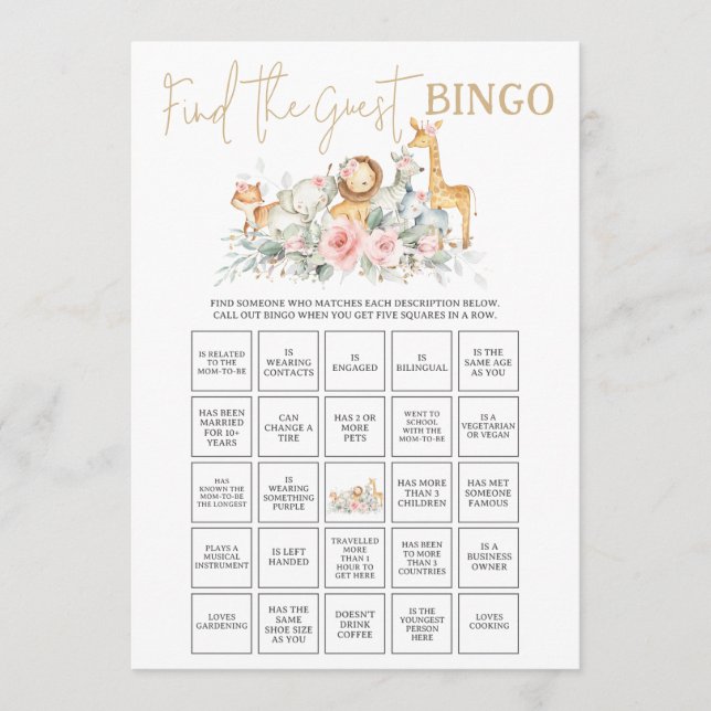 Djungeldjur Blommig Gästbingo Anteckningskort (Framsida)