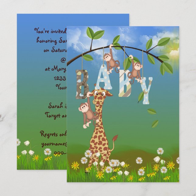 Djungeldjur för pojkbad inbjudningar (Fram/baksida)