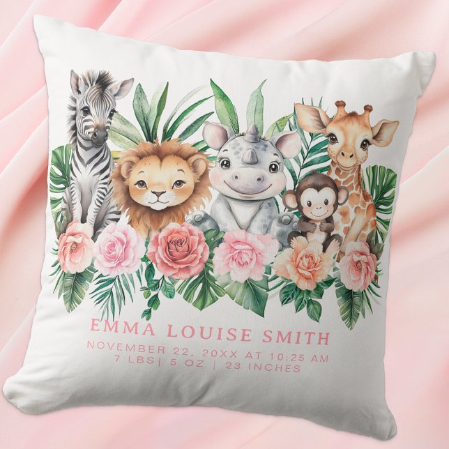 Djungeldjur lilla flicka födelsestatistik kudde (Cute Baby Birth Stat Pillow Keepsake)
