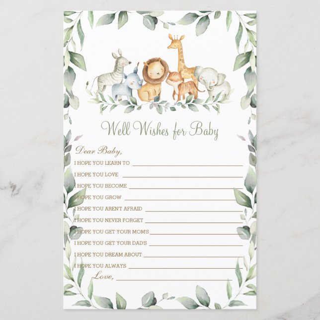 Djungeldjur Lycka till för Baby Shower Spel (Framsida)