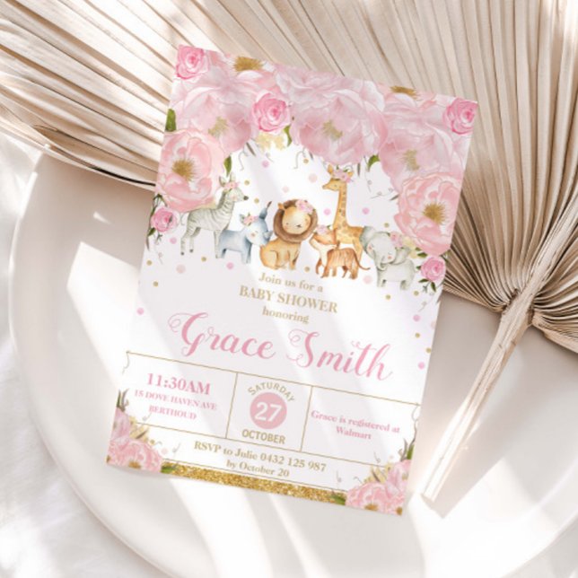 Djungeldjur Rosa Blommig Baby Shower  Inbjudningar (Skapare uppladdad)