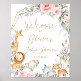 Djungeldjur Rosa Blommig Baby Shower Välkomstskylt Poster