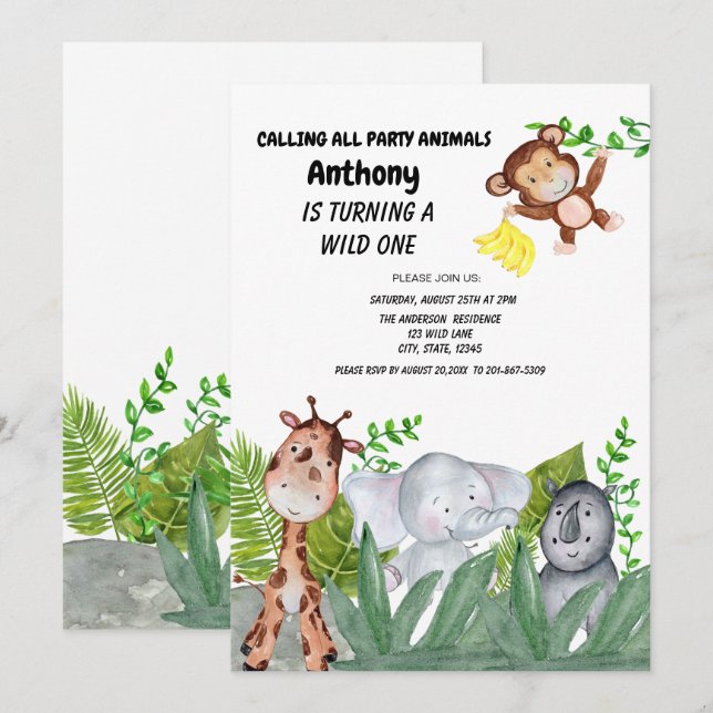 Djungeldjur som gömmer i den första födelsen för inbjudningar (Fram/baksida)