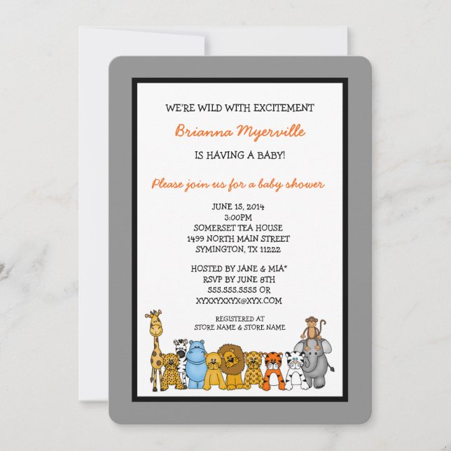Djungeldjurbaby shower inviterar neutral gender inbjudningar (Framsida)