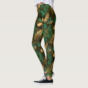Djungelgrön gul tropisk palmlöv leggings