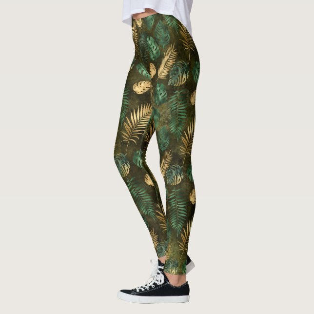 Djungelgrön gul tropisk palmlöv leggings (Vänster)