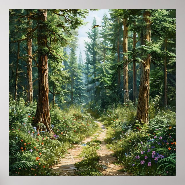 Djungelgrön tallskog dimmig landskapsnatur poster (Framsidan)