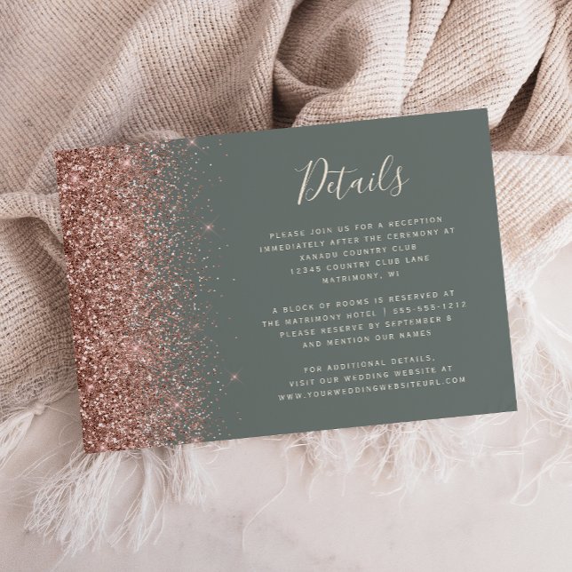 Djungelgröna Rosenmetallglitter Bröllopsdetaljer Tilläggskort (Skapare uppladdad)