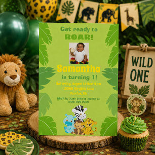 Djungelns kalas 1-års födelsedag Grön Safari Inbjudningar