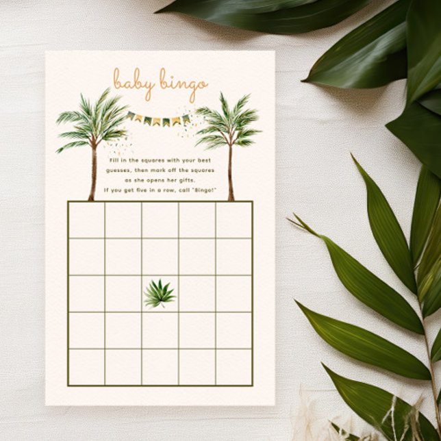 Djungelpalmbarn Bingo-spel Baby Shower (baby bingo card for a tropical baby shower party. Green and brown, gender neutral colors)