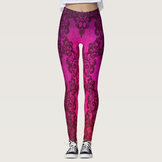 Djungelrosa fancy damask boho-stil leggings (Framsida)