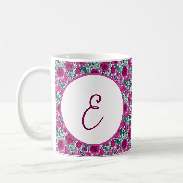 Djungelrosa rosor mönster monogram kaffemugg (Vänster)