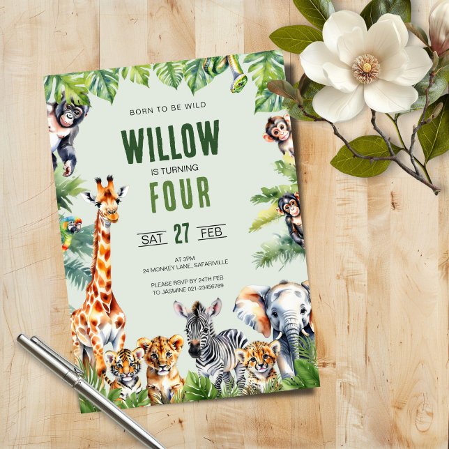 Djungelsafari 4-års födelsedinbjudan inbjudningar (Skapare uppladdad)