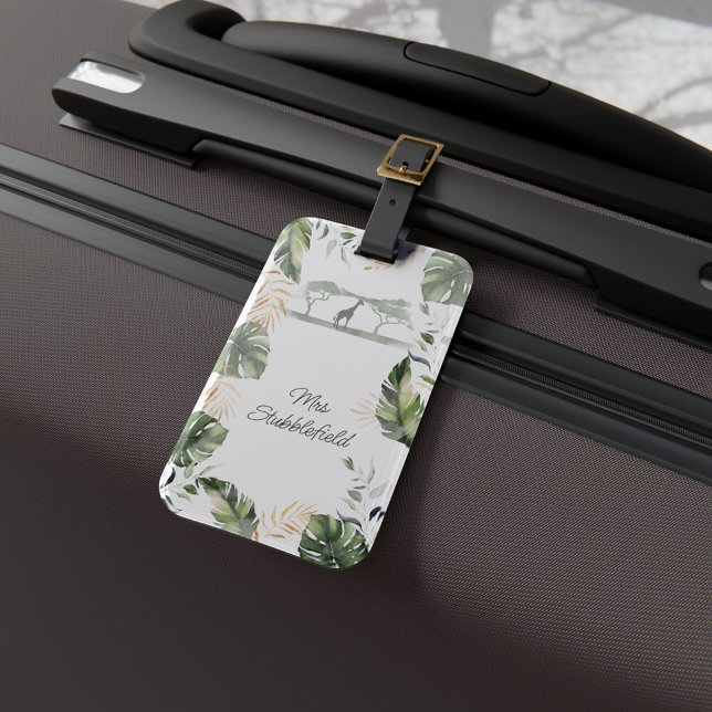 Djungelsafari Giraff Palmblad Grönska Bagagebricka (Palm Leaves Watercolor Giraffe Bride Honeymoon Luggage Tag)