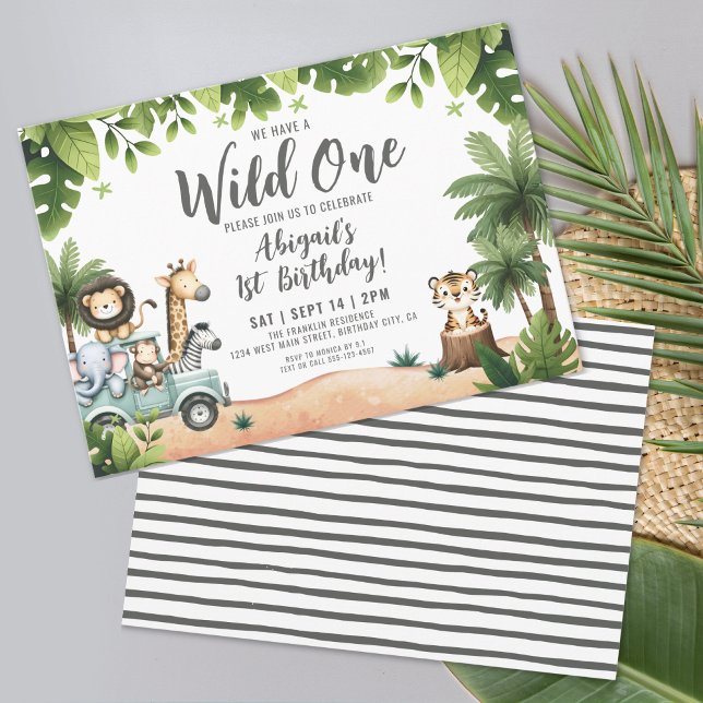 Djungelsafari Horisontell Vilding 1-års födelsedag Inbjudningar (Jungle Safari Horizontal Wild One 1st Birthday Invitation)