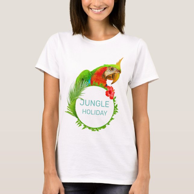 Djungelutflykt & Vacker Färgrik Ara Fågel T Shirt (Framsida)