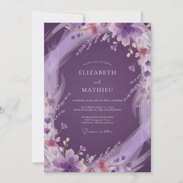 Djup Amethyst Peony Bröllop Inbjudningar (Framsida)