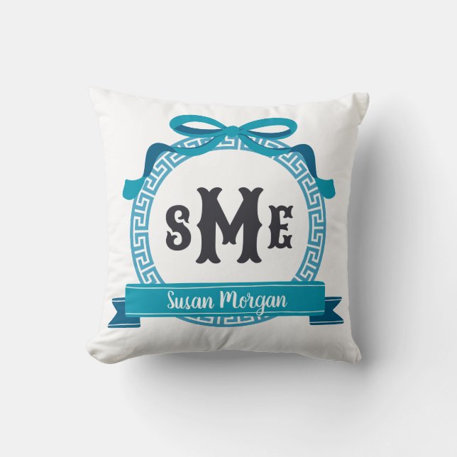 Djup Aqua Blå Grekisk Nyckel Båge Monogram Kudde (Framsida)