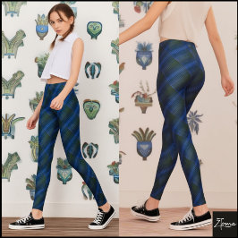 Djup Blå Grön Diagonal Texturerad Plaid Leggings