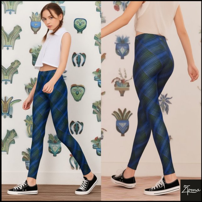 Djup Blå Grön Diagonal Texturerad Plaid Leggings (Skapare uppladdad)