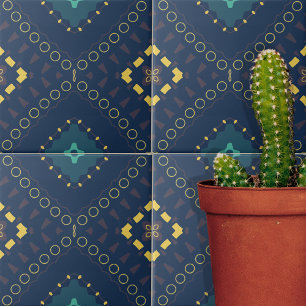 Djup blå Gult Geometric Shapes Mosaic Mönster Kakelplatta