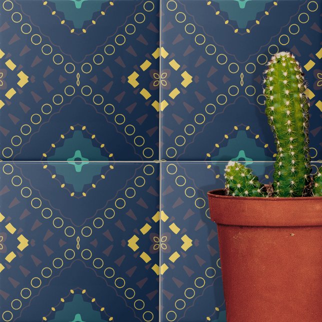 Djup blå Gult Geometric Shapes Mosaic Mönster Kakelplatta (Skapare uppladdad)