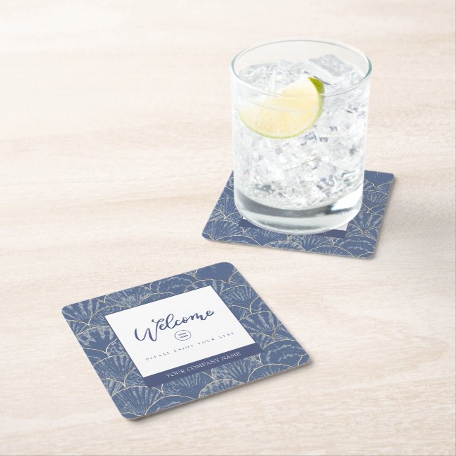 Djup blå och Guld vattenfärgsseskal Underlägg Papper Kvadrat (Insitu)