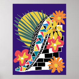 Djup Blomsterrik Svart Vit Mozaik på Indigo Poster