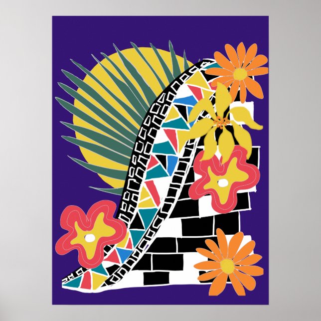 Djup Blomsterrik Svart Vit Mozaik på Indigo Poster (Framsidan)