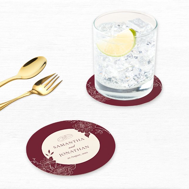 Djup burgunder och elfenbensfärgad blomsterlinjeko underlägg papper rund (Deep Burgundy Floral Line Art with Ivory Wedding Paper Coaster)