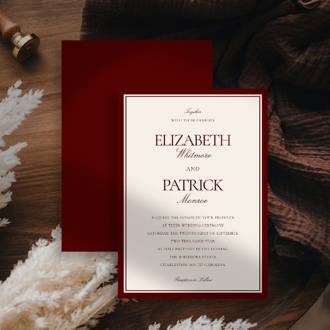 Djup Burgunder Röd Formell Modern Klassisk Herrgår Inbjudningar (deep burgundy wedding invitation quiet luxury old money double frame formal modern classic couple)