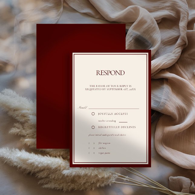 Djup Burgunderfärgad Formell Modern Klassisk Bröll OSA Kort (deep burgundy wedding rsvp quiet luxury old money double frame formal modern classic meal choice)