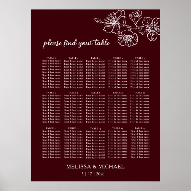 Djup Burgunderröd Vit Blommig | Bröllopsställnings Poster (Framsidan)