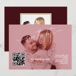 Djup Burgundy Kalligrafi QR-kod Foto Bröllop   Spara Datumet
