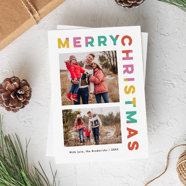 Djup färg Gläd dig jul 2-Foto  Julkort (bold, modern, colorful Merry Christmas typography 2-photo card)