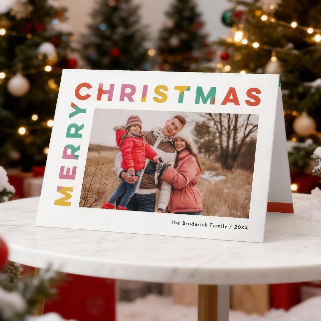 Djup färg Gläd dig jul fotokort  Helgkort (bold, modern, colourful Merry Christmas folded card with photo insert.)