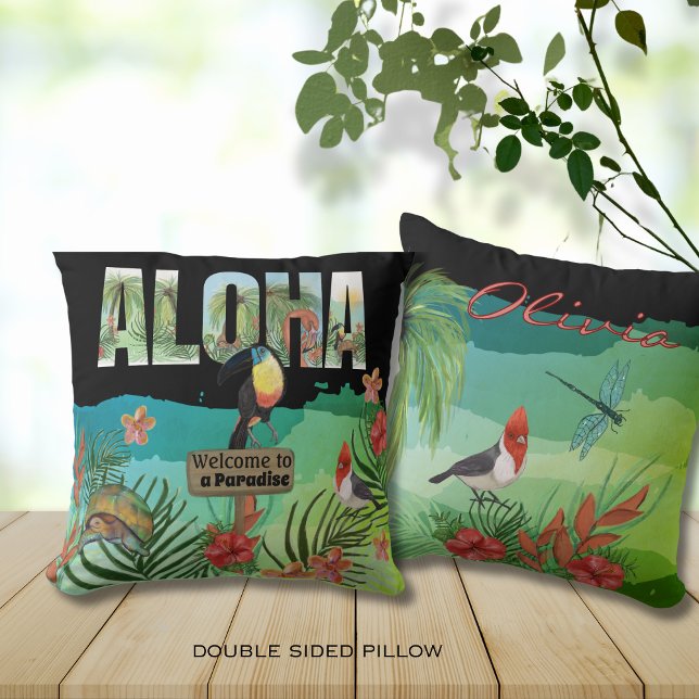 Djup färgrik Aloha Tropisk Skönhet Dubbelsidig  Kudde (Bold Colorful Aloha Tropical Beauty Double-Sided Throw Pillow)