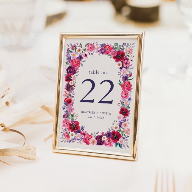Djup färgrik blomsterbröllop bordsnummer (Bold Colorful Floral Wedding Table Number by Painted Paperie
)