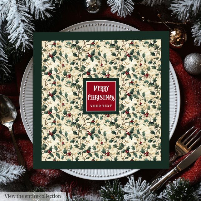 Djup grönt av djupa blåsbär med vattentorkranbär pappersservett (Watercolor cranberry red holly berry deep green Paper Dinner Napkins)