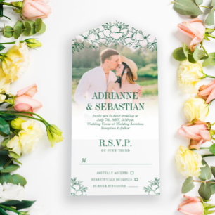 Djup Grönt Blommigt Line Art Photo Bröllop
