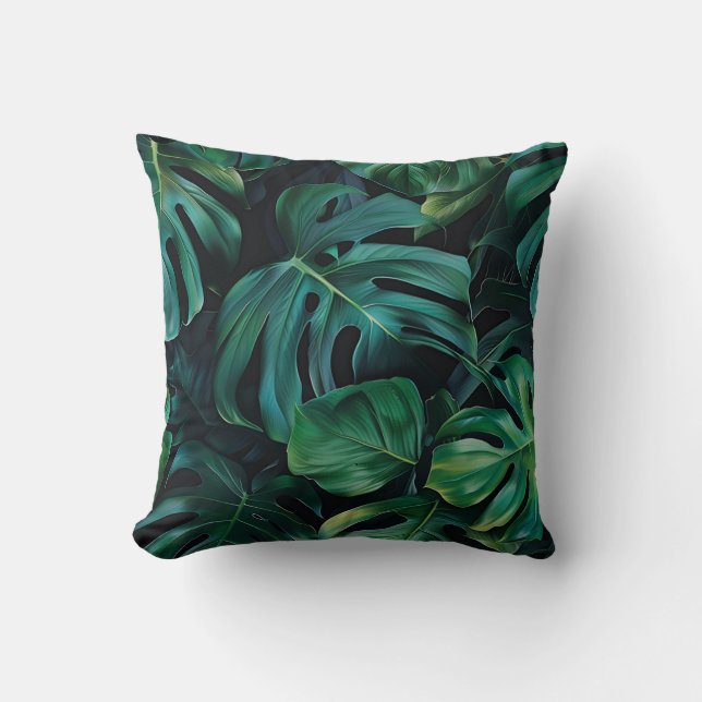 Djup grönt djungel monstera löv exotisk flora kudde (Framsida)