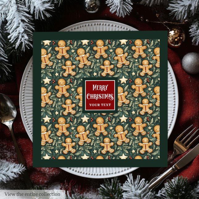 Djup grönt för pepparkaksgubbe av julhelgen pappersservett (Cute vintage Christmas gingerbread man deep green Paper Dinner Napkins)