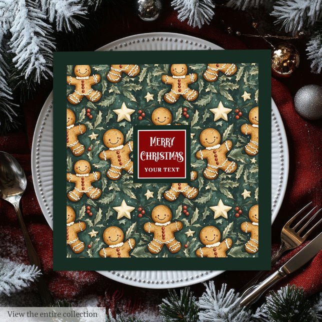 Djup grönt för pepparkaksgubbe av julhelgen pappersservett (Cute vintage Christmas gingerbread man deep green Paper Dinner Napkins)
