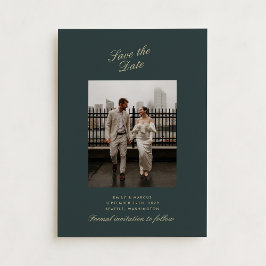 Djup grönt, guld-fotot bröllop-kort spara datum inbjudningar