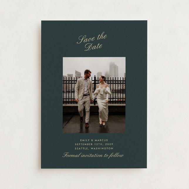 Djup grönt, guld-fotot bröllop-kort spara datum inbjudningar (Skapare uppladdad)