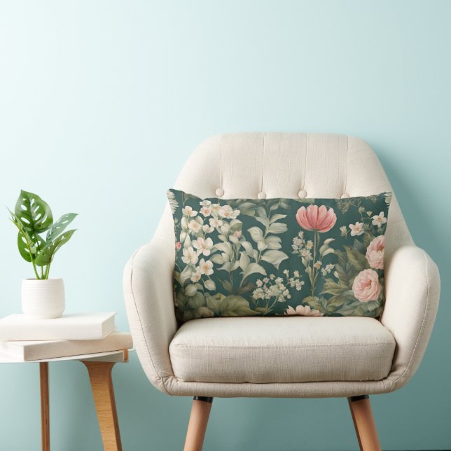 Djup Grönt med Pastel Woodsy Flowers Lumbarkudde (Stol)